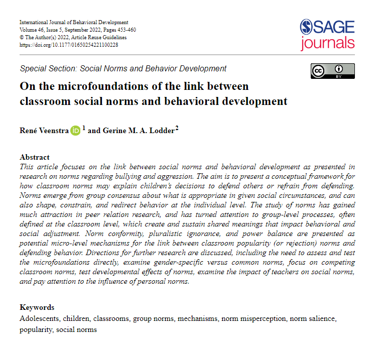 My highlights as sociologist in 2022: No. 2

Gerine Lodder and I edited a special issue (with 10 articles) on social norms. We presented a conceptual framework for how classroom norms may explain children’s decisions to defend others.

Open access ⬇️
journals.sagepub.com/doi/epub/10.11…