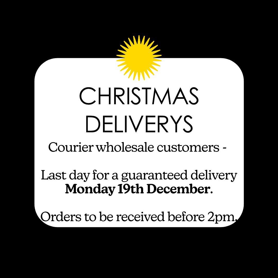 ⚠️Attention wholesale customers⚠️

Due to potential DPD delivery delays, we recommend placing your orders as early as possible. 📦

PLEASE NOTE: We will be closing on Friday 23rd of December and won’t be reopening until Tuesday 3rd of January.

Wishing you all a Merry Chrimbo!💛