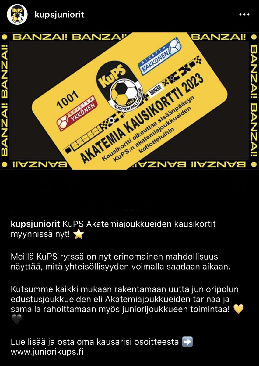 Kaikki mukaan tukemaan uutta junioripolkua ! 💛🖤  kausikortit myynnissä ➡️ juniorikups.fi