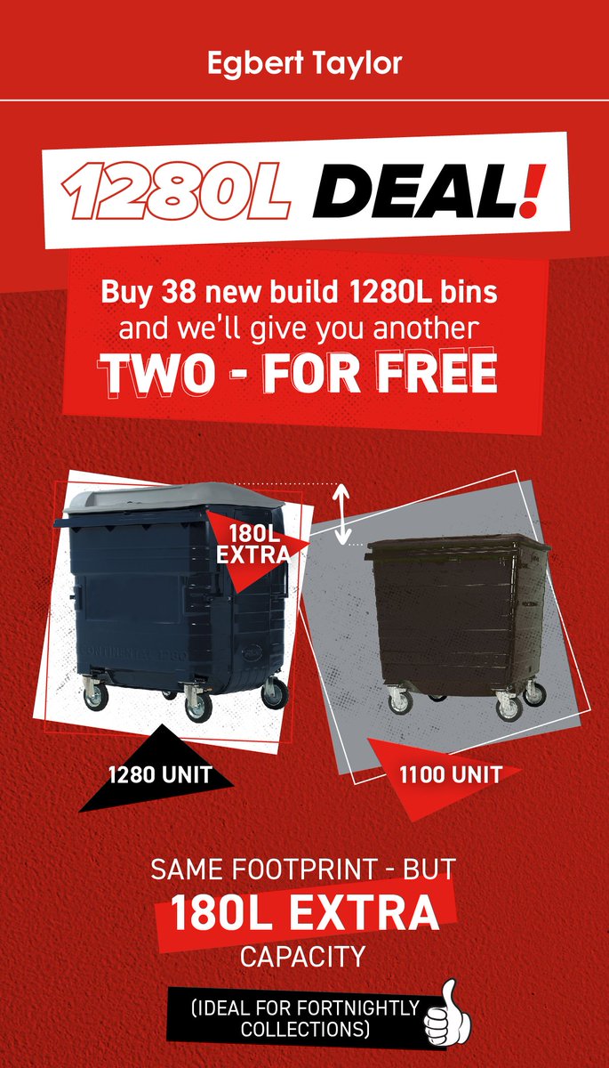 Continuing with our #christmasdeals...

Until stocks last, ALL #localauthorities that buy 38 brand new 1280L #taylorbins will receive two refurnished 1280L units restored to the same spec.

But be quick!

#wastecollection #wastemanagement #localcouncil