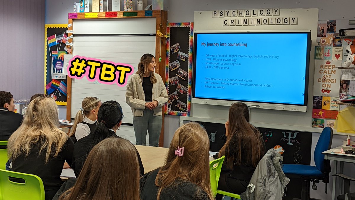 I forgot to post this at the time but Zoe Williams spoke to the Higher Psychology class for careers week. She outlined her route into becoming a cognitive behavioural therapist. Following a presentation the class engaged in a Q&amp;A opportunity. #ThrowbackThursday <a href="/JSubjects/">Johnstone High Humanities Faculty</a>