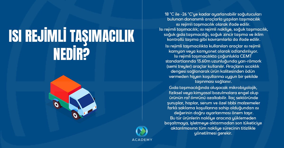 AcademyOpex's tweet photo. Isı Rejimli Taşımacılık Nedir? Hangi Tür Ürünler Kaç Derecede Taşınır? Bu Araçların Özellikleri Nelerdir?

Tüm detayları uygulamalı derslerimizle Opex Akademi'de öğrenmek için seni de bekliyoruz.

#kariyer #eğitim #opexacademy #lojistik https://t.co/0NRS8fVzGF