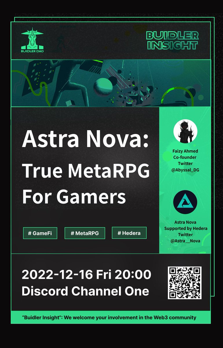 BuidlerDAO's tweet photo. 🎤 Buidler Insight: Experiencing Web3’s first true MetaRPG —— Astra Nova

⏰ Time: Dec. 16th, Fri 20:00 (UTC +8)

🎙️ Guest: Faizy Ahmed @Abyssal_DG｜Co-founder 

🎁 10 AllowLists for minting Deviants!  Pls follow 👉@Astra__Nova &amp; @BuidlerDAO, retweet and tag 2 friends. https://t.co/qDJKhP4AUk