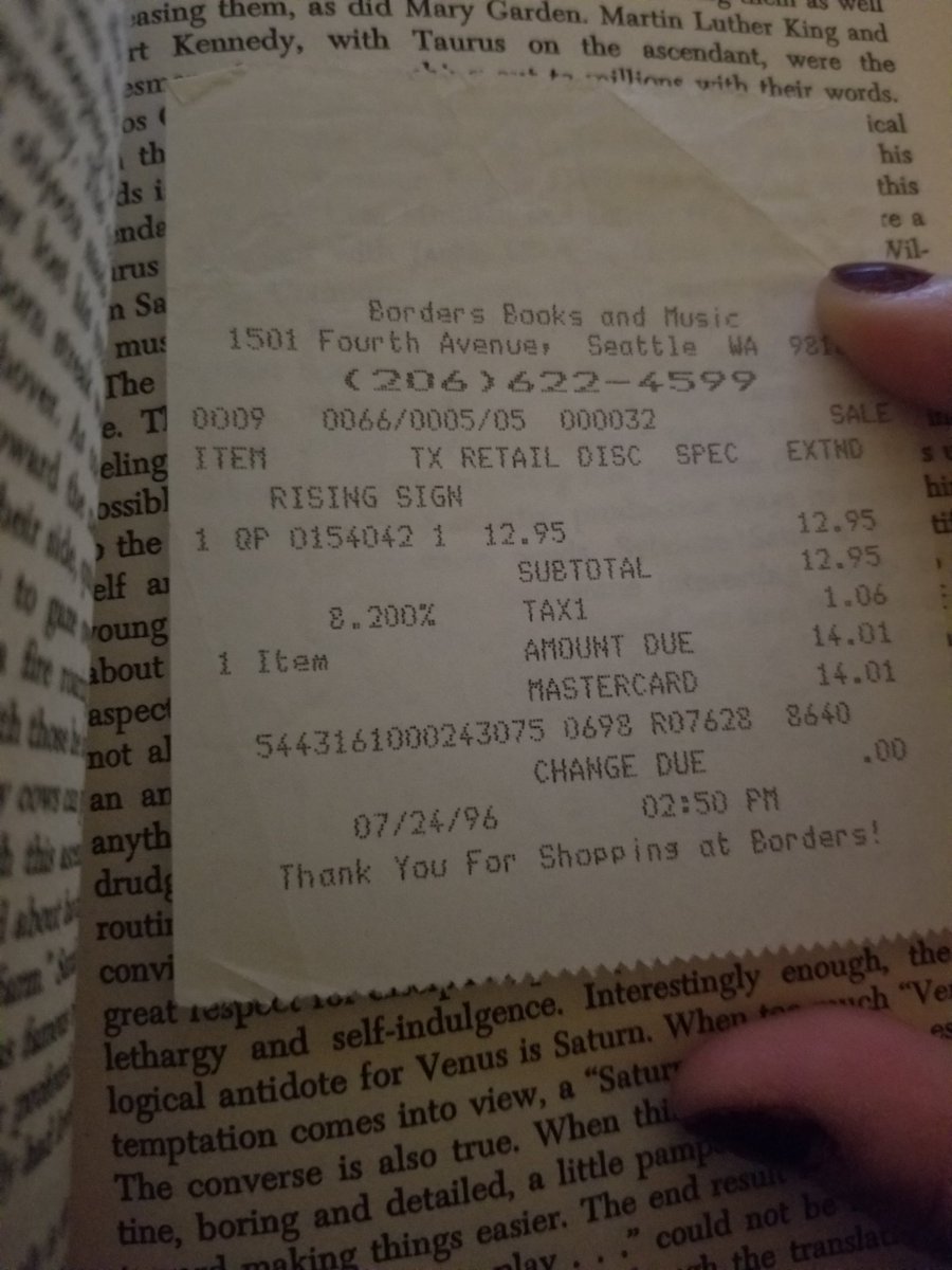AstrologerTori's tweet photo. The Rising Sign โข Your Astrological Mask by Jeanne Avery. ๐ฅฐ
Bought this at a Thrift books store today and found this receipt from 1996. I looked up the book store and it sadly does not exist anymore. I was 3 years old.
#astrologybooks #risingsigns https://t.co/aip6Ii1Cmj