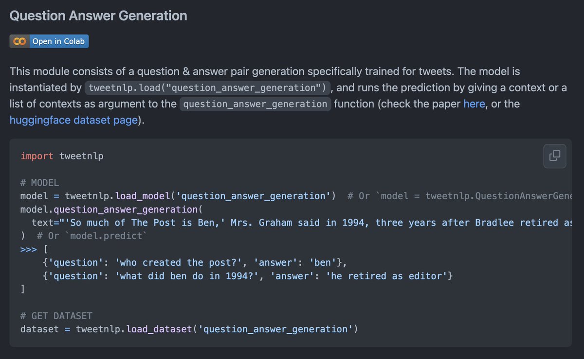 asahiushio's tweet photo. Twitter question answering &amp; question answer generation are supported by tweetnlp now! We are actively expanding the scope of tweetnlp, so let us know  any missing NLP tasks/datasets on Twitter!
#NLProc @Cardiff_NLP 
Repo: https://t.co/jgU47HgqUG
HP: https://t.co/Q2Ky0rUjFF https://t.co/e76F0u6yRk