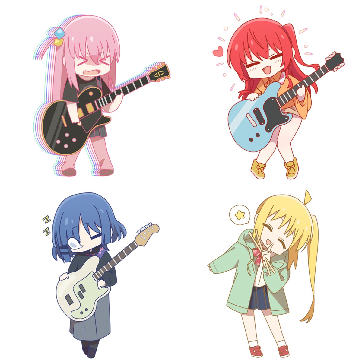 gotou hitori ,ijichi nijika cube hair ornament 4girls multiple girls instrument > < red hair blue hair  illustration images