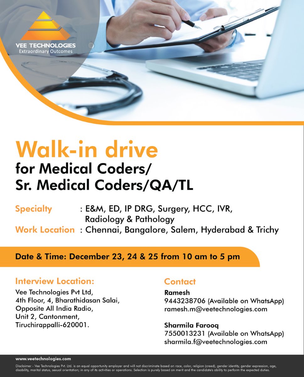 V_technologies's tweet photo. Vee Technologies is hiring #Medical Coders/Sr. Medical Coders/QA/TL to work from the office. Register for the walk-in #drive and transform your career.

Know More: https://t.co/H6jg5k8nTk

#Walkindrive #Walkins #trichywalkins #MedicalCoders #MedicalCodingJobs #HiringMedicalCoders https://t.co/w8HCLYYvmF