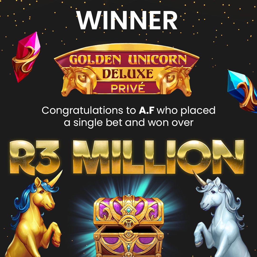 Lotto_Star's tweet photo. The winning never stops! Congratulation to A.F, who won over R3 Million on Golden Unicorn Deluxe Privé. 🦄
Spin the reels on our Reel Rush Privé and stand a chance to win payouts of up to R20 Million - instantly! 💰
#LottoStar #WinnersPost #HappyThursday #MillionaireLifestyle https://t.co/HPk3vX7IQe