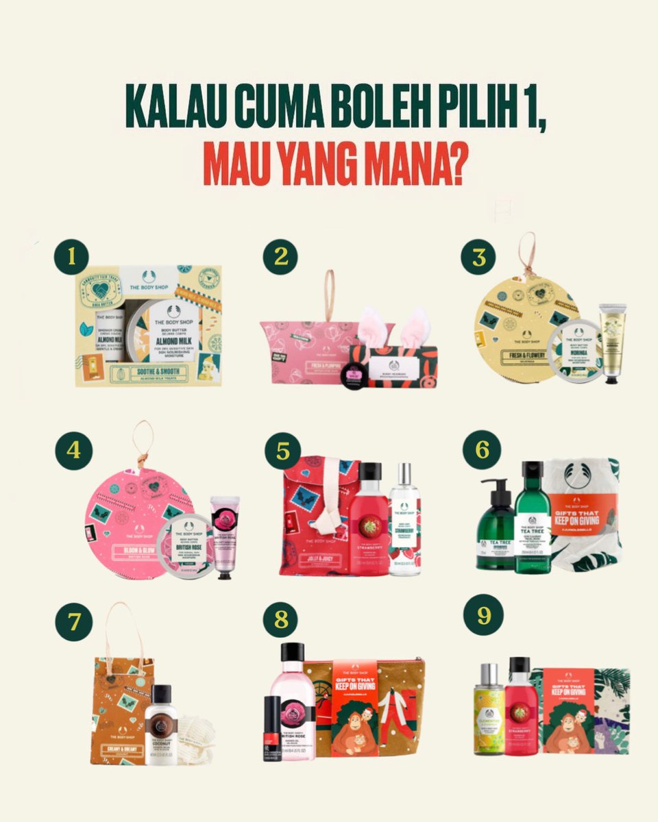 ✨MANA SUARANYA YANG NUNGGUIN GIVEAWAY✨

Cus hadiahnya boleh pilih sendiri lagi ya🥰

Reply tweet ini dengan nomor gift yang kamu mau, lalu cantumkan hashtag #JungleBells ya!✨

📆: 15 - 20 DEC 2022
🏆: 3 WINNERS