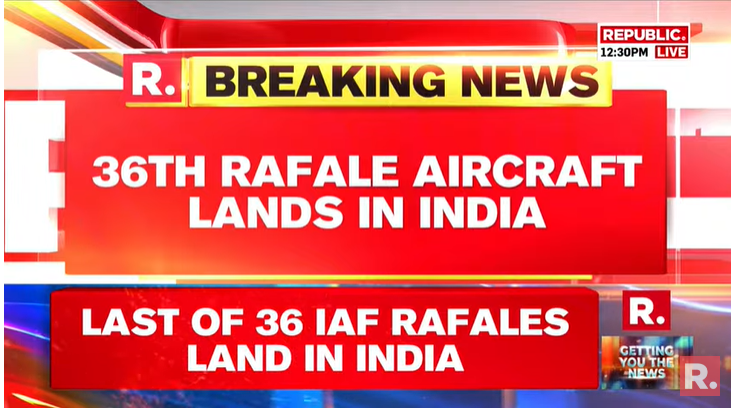 republic's tweet photo. #BREAKING | The last of the 36 IAF Rafale aircraft landed in India after a quick en-route mid-air refueling from a UAE Air Force tanker aircraft. Tune in to watch here - https://t.co/HbKDYgaNDs https://t.co/x5ukpkwvku
