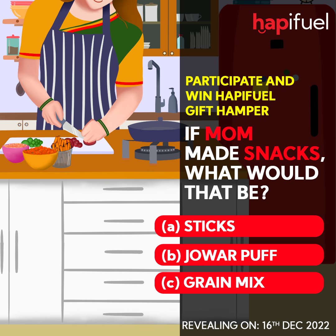 Hapifuel_Ent's tweet photo. Love when mom makes snacks! Participate now. Pick one and get a chance to win a Hapifuel gift hamper! New healthy snacks alter. Revealing on 16th December. Stay Tuned!  😍😍😍

#Hapifuel #contestalert #contestalertindia #contestindia #Giveaway #Content #nutrition #healthyfood https://t.co/fckoqpVLmN