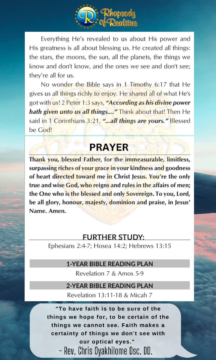 #ROR 𝐓𝐨𝐝𝐚𝐲! 🤗
🔴 THEME: HIS GREATNESS IS FOR OUR ADVANTAGE
app.rhapsodyofrealities.org

📅 THURS. 15TH DEC. 2022                          
Everything He’s revealed to us about His power and His greatness is all about blessing us. He created all for us. -PASTOR CHRIS ✍️