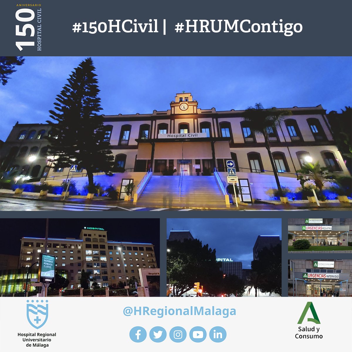 HRegionalMalaga's tweet photo. 🔹🫶 Esta noche, nuestros centros se han iluminado de azul celeste el color corporativo del 𝗛𝗼𝘀𝗽𝗶𝘁𝗮𝗹 𝗥𝗲𝗴𝗶𝗼𝗻𝗮𝗹 𝗨𝗻𝗶𝘃𝗲𝗿𝘀𝗶𝘁𝗮𝗿𝗶𝗼 𝗱𝗲 𝗠á𝗹𝗮𝗴𝗮 con motivo del 150 aniversario de nuestro 𝘏𝘰𝘴𝘱𝘪𝘵𝘢𝘭 𝘊𝘪𝘷𝘪𝘭 🎂🎉
#150HCivil #HRUMContigo https://t.co/Z2Pvb7arL1