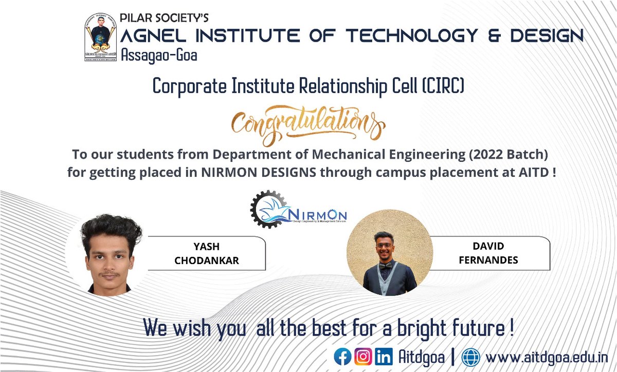 AitdGoa's tweet photo. #placement update! We are proud of our students from Mechanical Engineering Department for being campus placed at Nirmon Designs! Congratulations!
.
.
.
.
,
#mechanical #campusplacement #nirmondesign #goa #aitdgoa https://t.co/8a6k6vfU9b