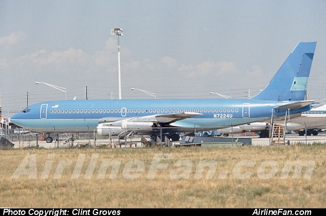 RedNoseAviator's tweet photo. @scottiebateman Not sure what the answer is, but I have identified the aircraft, and its registration. The plane has a ventral fin at the tail, has a light blue livery and has the JT3C-7 engines. So, it's a Boeing 720-022. Reg: N7224U. It will later fly for Led Zeppelin as the Caesar's Chariot. https://t.co/blIJt9U7iy