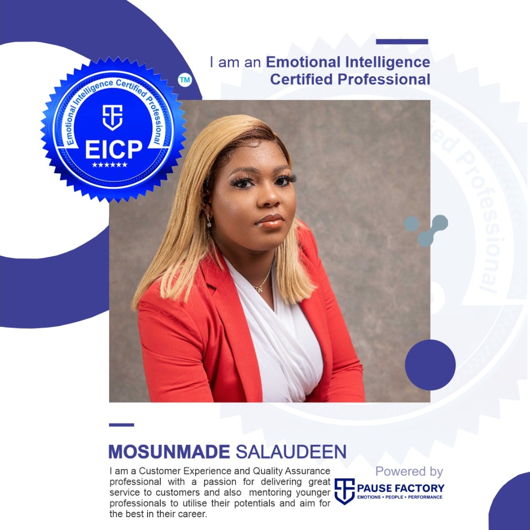 pausefactoryorg's tweet photo. Let's celebrate Mosunmade Salaudeen. She was part of our November 2022 Edition of EICP. She is now an Emotional Intelligence Certified Professional (EICP). Her world and the world around her will be a better place.
#emotions #emotionalintelligence #pausefactory #EICP https://t.co/e8ysv6Rz9k