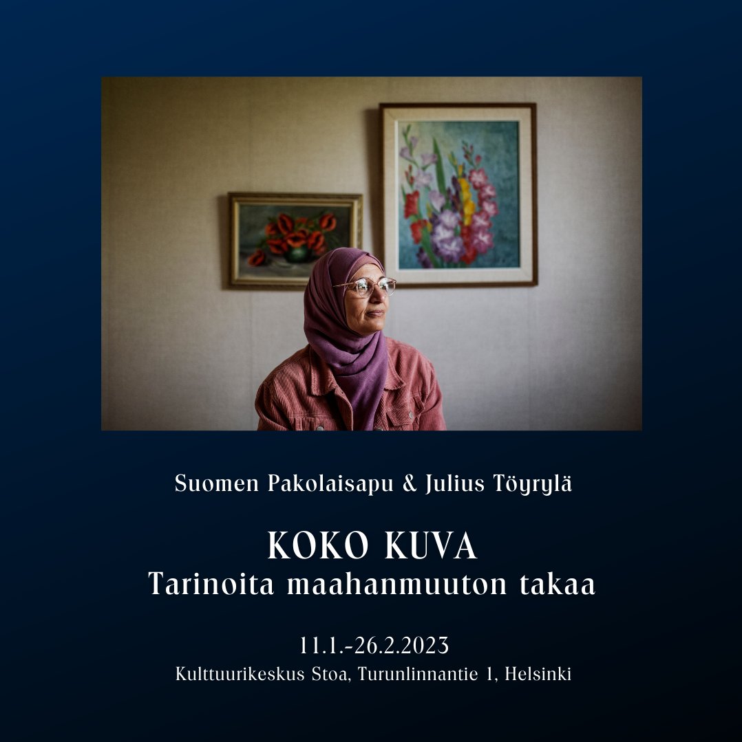 Pakolaisavun ja Julius Töyrylän valokuvanäyttely Koko kuva – tarinoita maahanmuuton takaa on nähtävissä kulttuurikeskus Stoassa Helsingissä 11.1.–26.2.2023. Näyttely on osa laajempaa #KokoKuva -kampanjaa, joka levittäytyy myös verkkosivuillemme ja someen. Pysy siis kuulolla!🤩