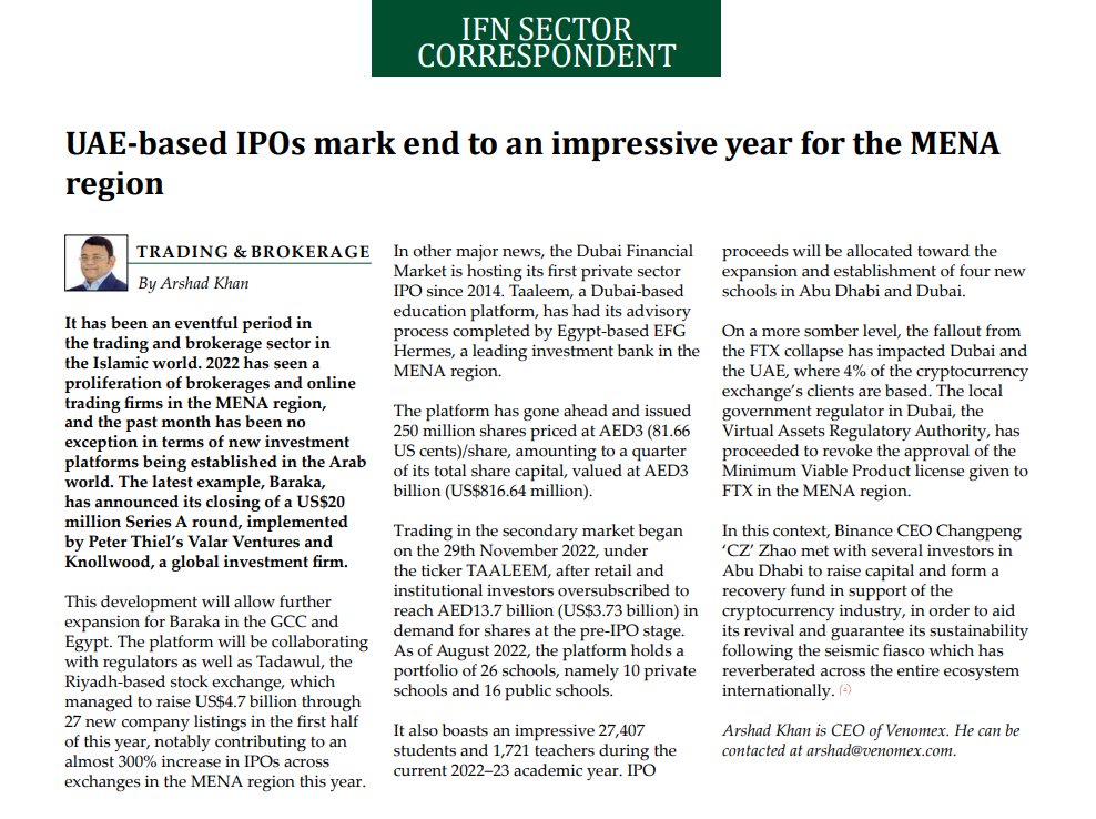 "2022 has seen a proliferation of brokerages and online trading firms in the MENA region, and the past month has been no exception in terms of new investment platforms being established in the Arab world," says <a href="/arshadmkhan74/">Arshad Khan</a>, CEO Venomex. Know more👉🏻lnkd.in/dxbVhyVh
