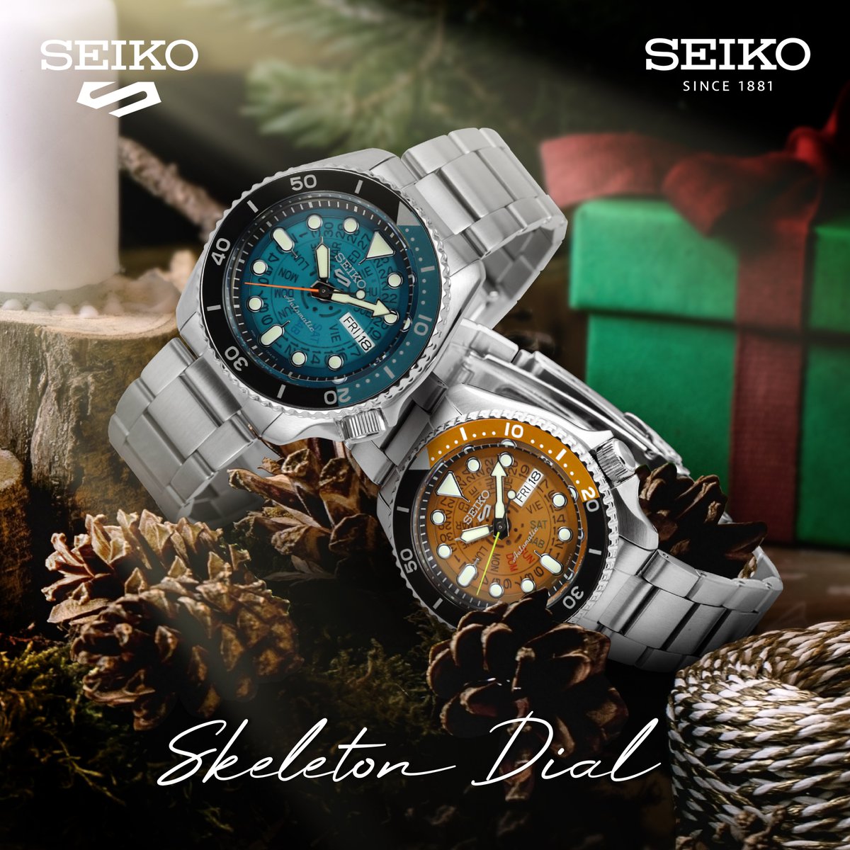 🎉🎉 ร่วมเฉลิมฉลองช่วงเวลาแห่งความสุขและการให้ผ่านนาฬิกา Seiko 5 Sports Skeleton Dial หน้าปัด มาในโทนสีฟ้าโปร่งแสงและสีส้มโปร่งแสง เผยให้เห็นรายละเอียดจานหน้าปัดภายใน ที่มีจานวันประจำสัปดาห์ เป็นตัวอักษรสเปนและอังกฤษ 
#Seiko #SeikoThailand #5Sports #SportsStyle #SkeletonDial