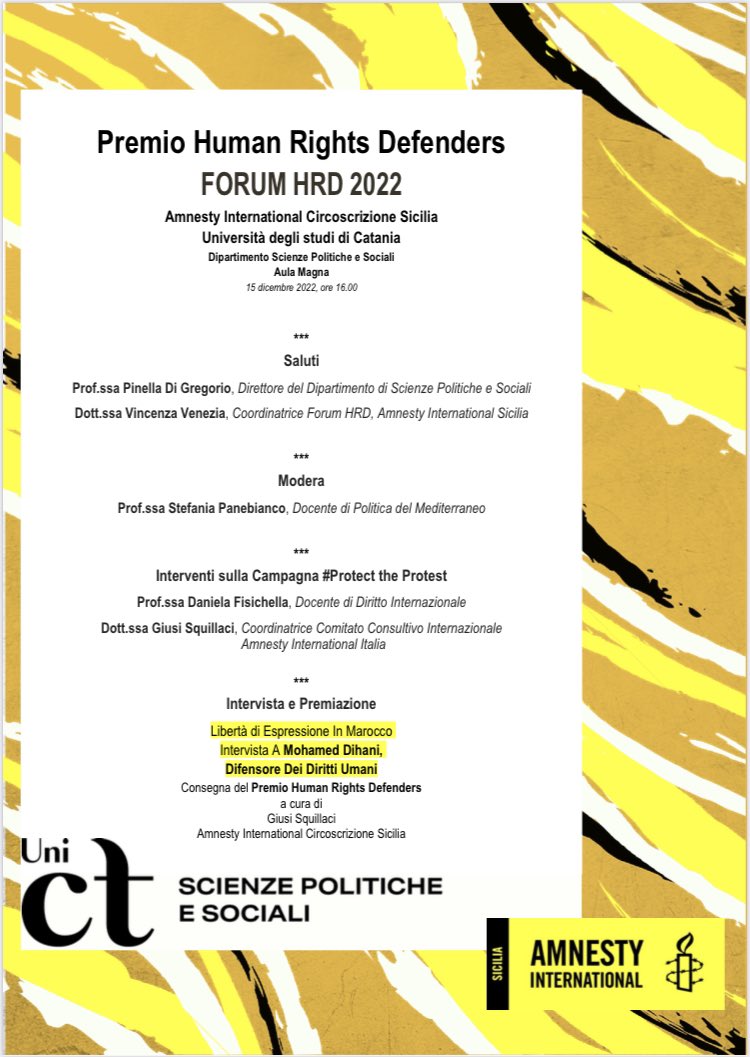 Oggi <a href="/Amnesty/">Amnesty International</a> International consegna il premio #HumanRightsDefenders  
📣libertà di espressione, tortura, regimi autoritari e valore della democrazia         
<a href="/DspsUnict/">Dsps - UniCt</a> 
<a href="/unict_it/">Unict</a> 
<a href="/Amnestysicilia/">Amnesty Sicilia</a>  
<a href="/Daniela_1975/">Daniela Irrera</a>    
<a href="/F_Bicchi/">Federica Bicchi</a>   
@drFedericaZardo 
<a href="/GiuseppeC_98/">giuseppe cannata</a> 
<a href="/IoleFontana/">Iole Fontana</a>