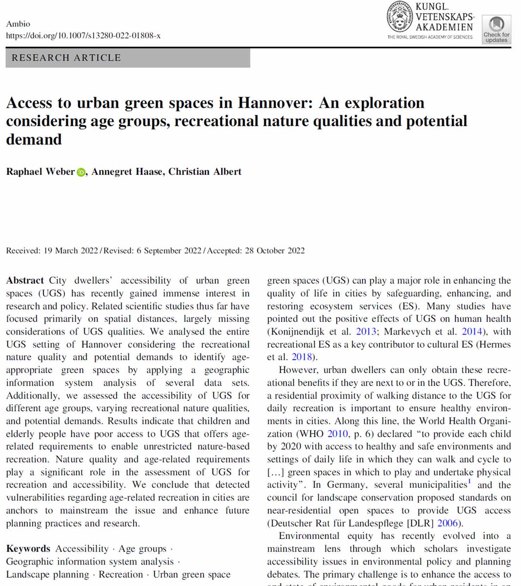 DrChrAlbert's tweet photo. How accessible are urban greenspaces? 🌳🚵 Drawing on a case study, Weber et al. find that it differs between age groups &amp; nature qualities considered. Future #landscapeplanning will benefit from disaggregated information to enhance #EnvironmentalJustice ➡️https://t.co/sSD6VKLyDD https://t.co/ozymTrAgUX