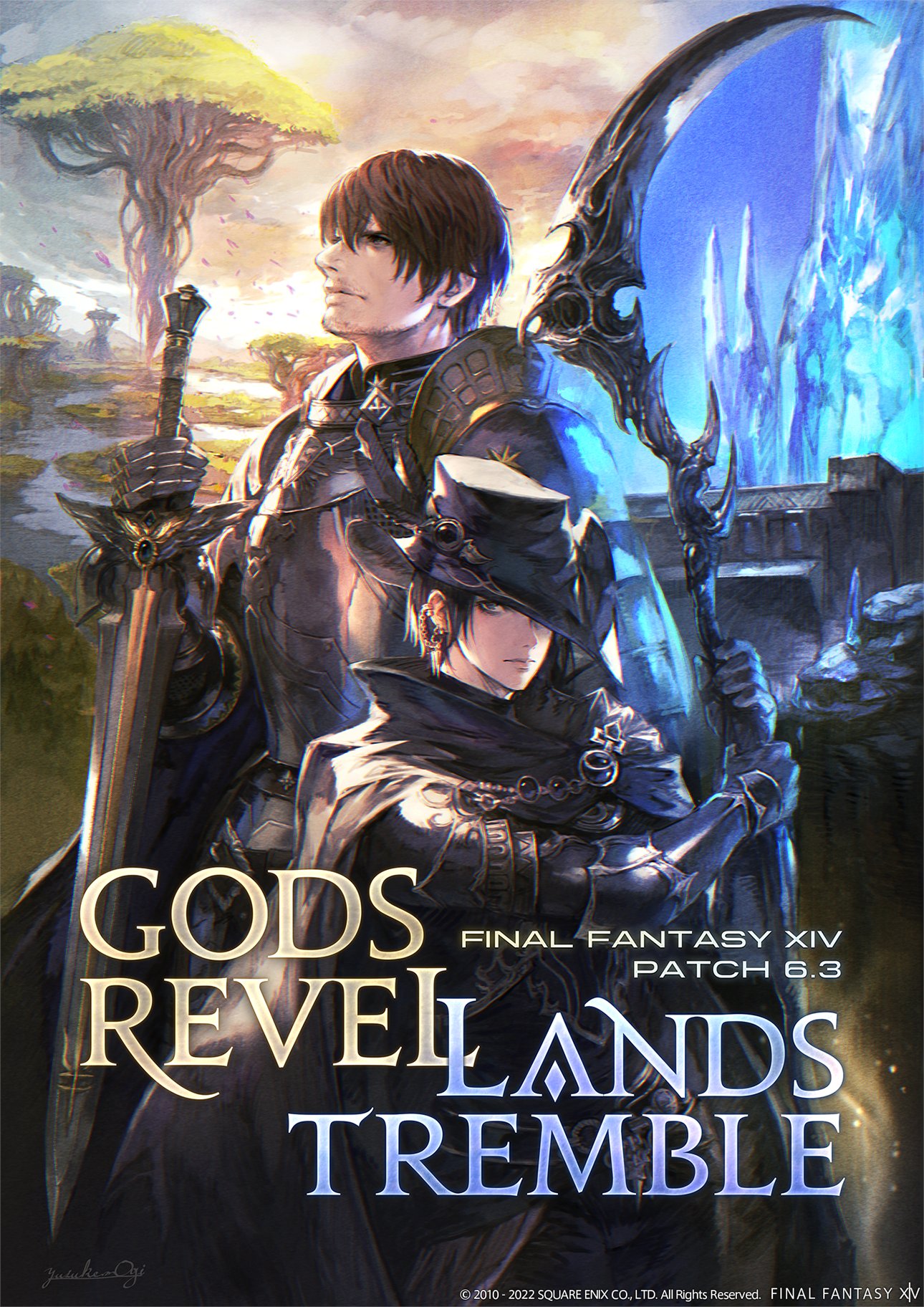 The key artwork for Final Fantasy 14 Patch 6.3: Gods Revel, Lands Tremble. The Warrior of Light, dressed in paladin attire, is holding their sword looking upward while Zero, a character dressed in dark attire, stands in front holding a scythe. Lush green wetlands and a crystal structure are seen in the background.