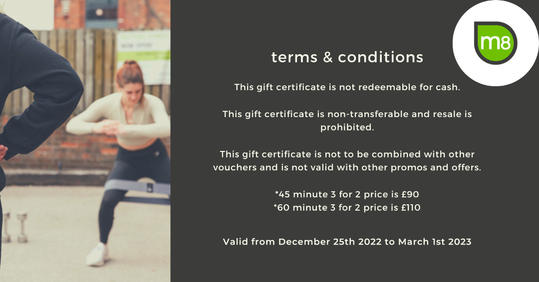 Day 4 of our 5 Days of Fitness Offers!

Today you can grab yourself a Personal Training bargain!
3 Personal Training Sessions for the price of 2!
3 x 45 min Sessions for £90
OR
3 x 60 min sessions for £110

For full Ts&amp;Cs or to purchase, contact north@m8group.co.ik