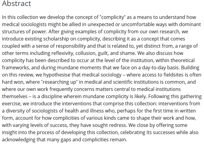 Delighted the Special/Edited collection that @roswillz and I edited for @SHIjournal is now Online First! The theme is 'Complicity: Methodologies of power, politics & the ethics of knowledge production' and the abstract from our editors' intro is below: onlinelibrary.wiley.com/toc/14679566/2…