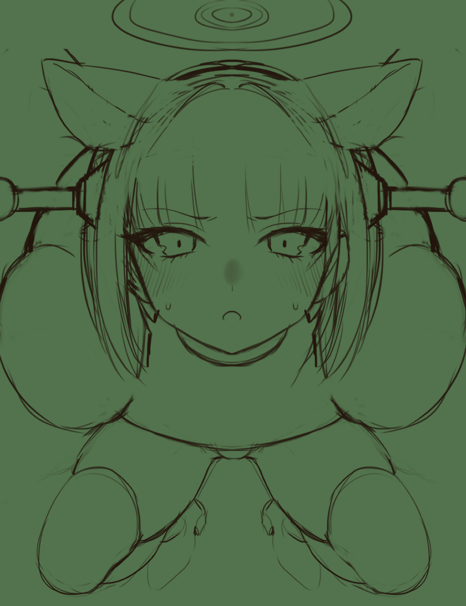 1girl solo monochrome green theme animal ears looking at viewer sketch  illustration images