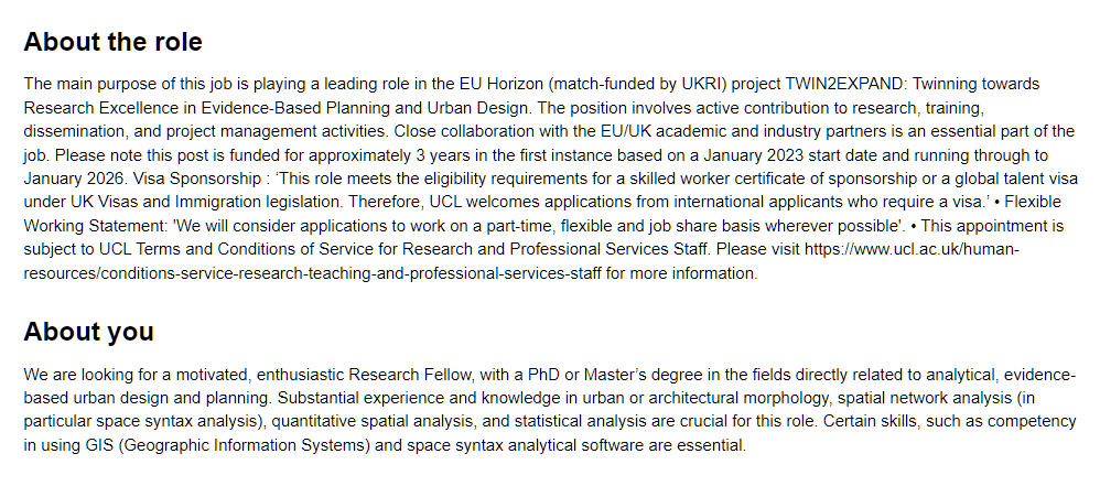 Prof Laura Vaughan (@urban_formation) on Twitter photo My colleague Prof @Kayvan_Karimi is searching for a research fellow to apply by 4th January to work on <a href="/HorizonEU/">Horizon Europe 🇪🇺</a> project at <a href="/BartlettArchUCL/">The Bartlett School of Architecture, UCL</a> #SpaceSyntax Lab. Requires MSc/PhD in urban morphology, space syntax, quantitative spatial analysis, etc.
ucl.ac.uk/work-at-ucl/se… My colleague Prof @Kayvan_Karimi is searching for a research fellow to apply by 4th January to work on <a href="/HorizonEU/">Horizon Europe 🇪🇺</a> project at <a href="/BartlettArchUCL/">The Bartlett School of Architecture, UCL</a> #SpaceSyntax Lab. Requires MSc/PhD in urban morphology, space syntax, quantitative spatial analysis, etc.
ucl.ac.uk/work-at-ucl/se…