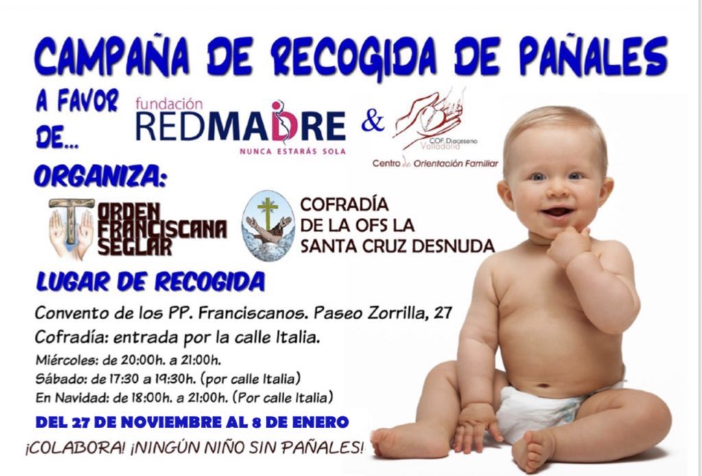 🤝 ACCIÓN SOCIAL | Recuerda…

Campaña de recogida de PAÑALES 👶

📅 Del 27 de noviembre al 8 de enero
🗳 Entrega presencial 
 ✅ A favor de <a href="/RedMadreFunda/">Fundación REDMADRE</a> y COF <a href="/archiValladolid/">Archidiócesis de Valladolid</a> 

¡Está navidad ningún niño sin pañales! 🎄 ¡COLABORA!

#AcciónSocial #Caridad #Franciscanos
