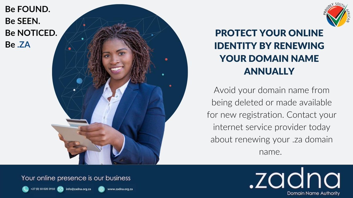 dotZADNA's tweet photo. Renew your domain name and secure your online presence.
Don't lose your visibility online, consult your service provider about renewing your .za domain name and stay connected to your customers.
#dotza #domainnames #Online #stayconnected https://t.co/ZwjxCvJFyT