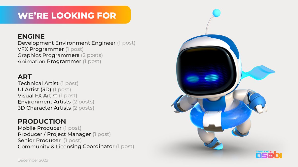 Want to join our Team in Japan? We are looking for talents to fill all these open positions! 
Apply here: bit.ly/3uP5Nxk

Team ASOBIに入って一緒にゲームを作りませんか？
様々なオープンポジションの人材を募集しています！
応募はこちらから : bit.ly/3HEtsIu