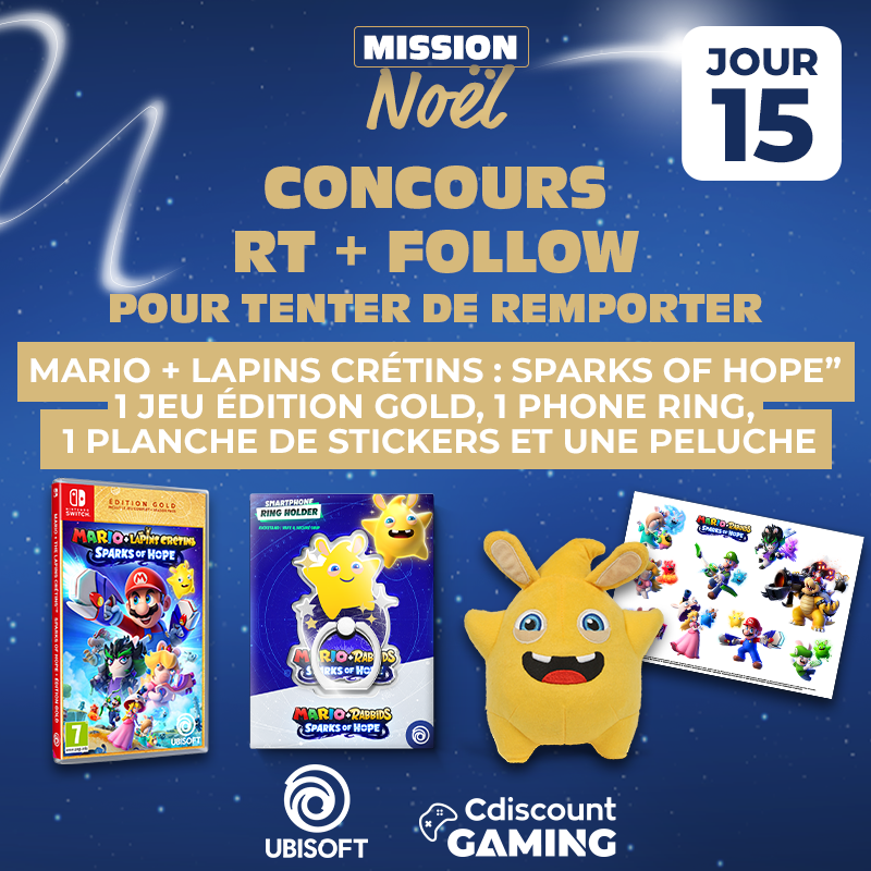 🎁 #Concours - Calendrier de l'Avent
🎄 JOUR 15

Tentez de remporter : Mario + Lapins Crétins : Sparks of Hope”  1 jeu édition gold, 1 phone ring, 1 planche de stickers et une peluche

Pour cela :
🔸 RT + FOLLOW

⏰ TAS 16/12