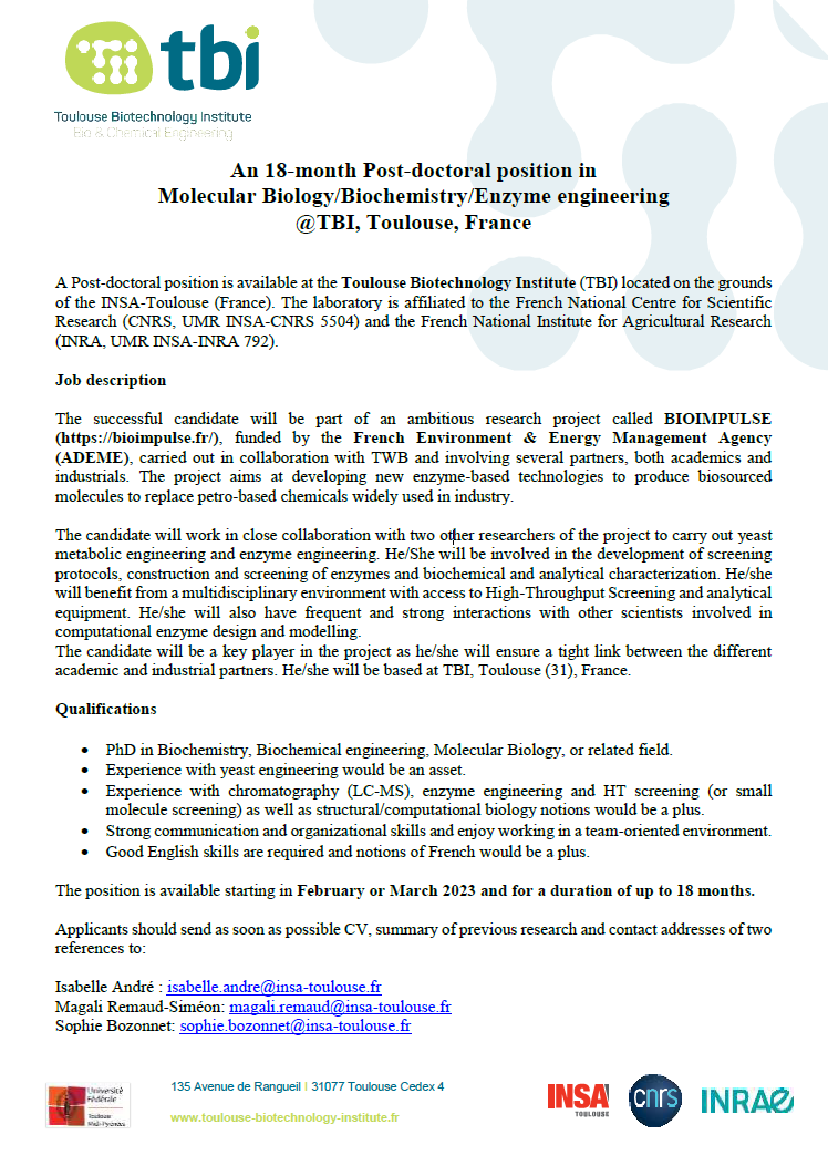 TWB_Biotech's tweet photo. [@TBI_Biotech IS HIRING]📢18-month Post-doc position in molecular biology / biochemistry / enzyme engineering

Be part of an ambitious research project called #BioImpulse.

📌18 month - Starting : 01/02/2023
⚠️ Applications are open !
👉 https://t.co/hRORkP0YEt

#job #biotech https://t.co/qE3e8K5j7W