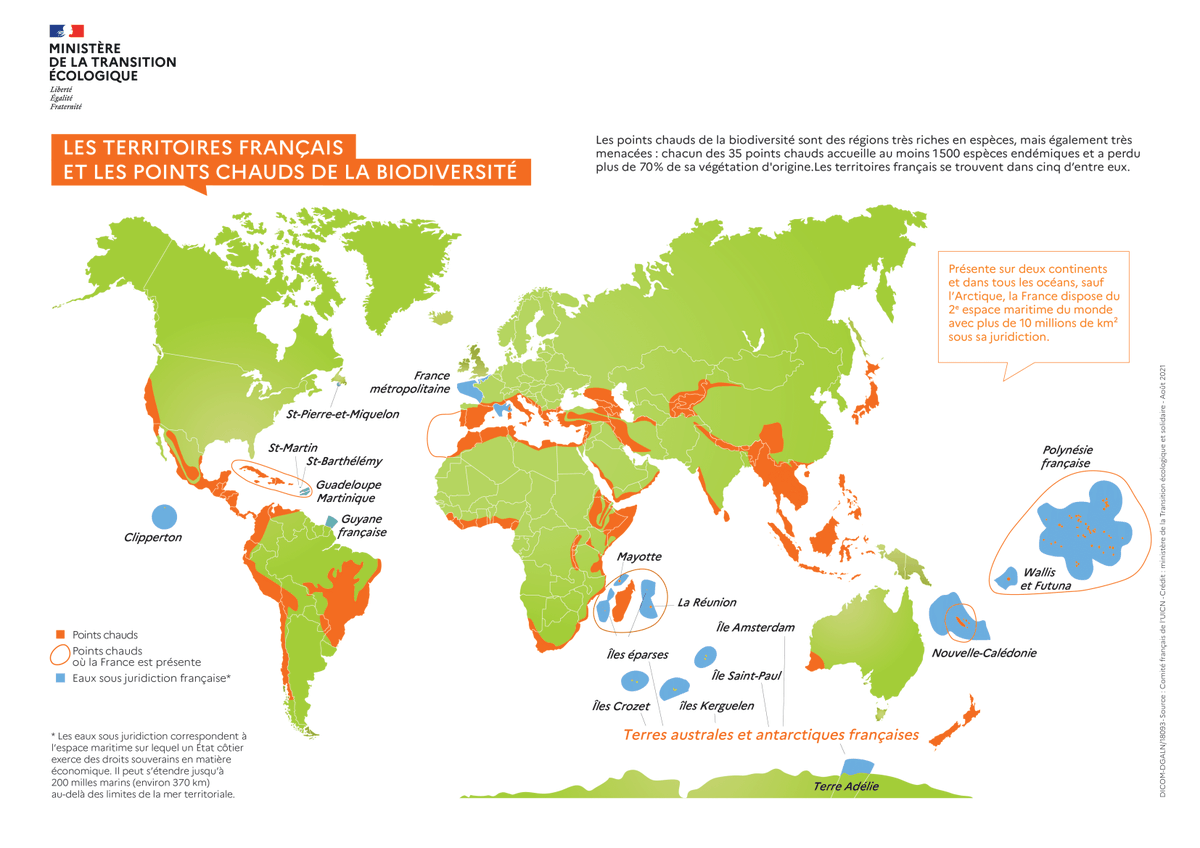 Les points chauds de la #biodiversité sont des régions très riches en espèces, mais aussi très menacées. 

Chacun d'entre eux abrite au moins 1500 espèces endémiques et a perdu plus de 70% de sa végétation originelle.🥀
—<a href="/Ecologie_Gouv/">Min. Ecologie Territoire Transports Ville Logement</a> 

En savoir plus avec l'infographie 👇