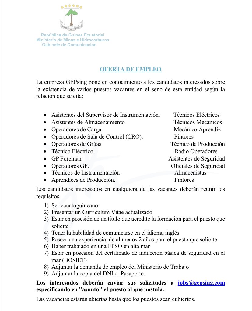 egmmh's tweet photo. OFERTA DE EMPLEO en la empresa #GEPSING #GuineaEcuatorial. https://t.co/fRHv6KudXH