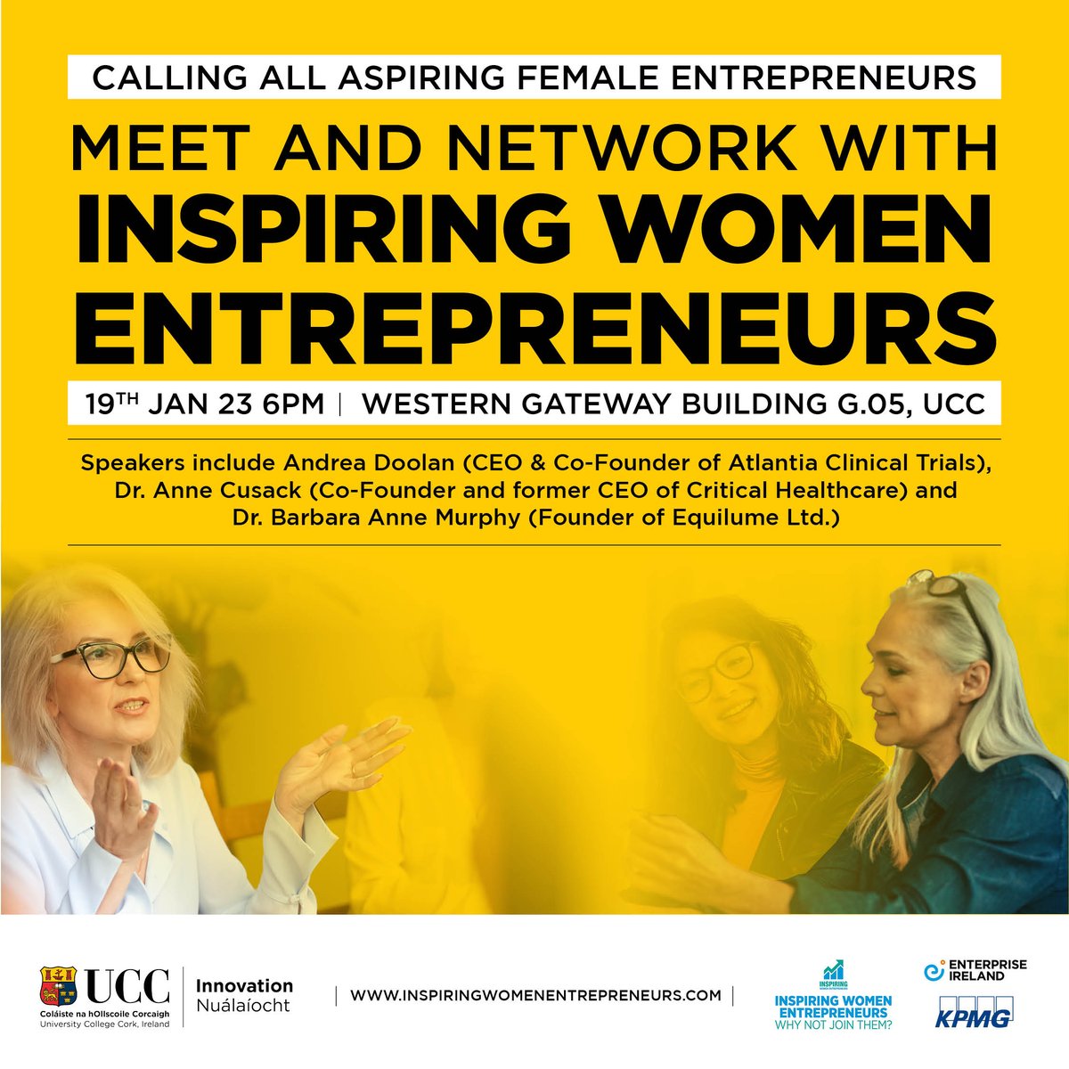 Are you a woman who is considering a change in career or exploring the world of entrepreneurship? Join @uccinnovation and @GoingForGrowth for our Inspiring Women Entrepreneurs event on Thurs Jan 19th. Networking to follow after. Register now: bit.ly/3YitBHv #UCCInnovates