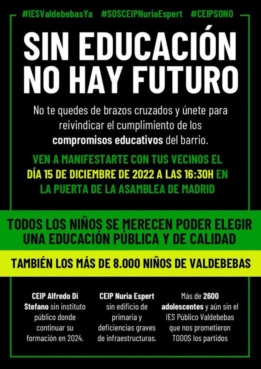 Dani_AyusoVk's tweet photo. Hoy familias de Valdebebas y el Ensanche de Vallecas se concentran en la Asamblea para reclamar colegios e institutos públicos en sus barrios.

Queremos libertad de elección. El PP de Ayuso abandona lo público mientras regala suelo a privados #NoSinMiIES #IESValdebebasYA https://t.co/osQGDZz9nT