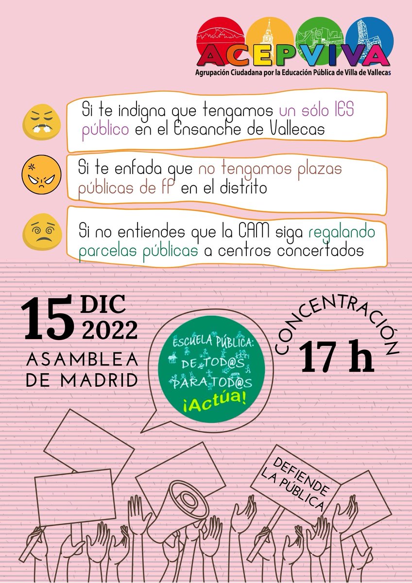 Dani_AyusoVk's tweet photo. Hoy familias de Valdebebas y el Ensanche de Vallecas se concentran en la Asamblea para reclamar colegios e institutos públicos en sus barrios.

Queremos libertad de elección. El PP de Ayuso abandona lo público mientras regala suelo a privados #NoSinMiIES #IESValdebebasYA https://t.co/osQGDZz9nT