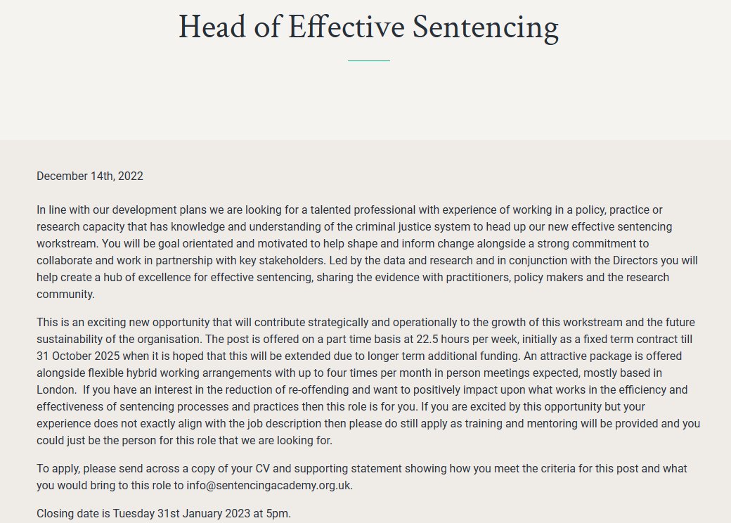 SentencingAcad's tweet photo. 🚨Head of Effective Sentencing🚨

We are launching a new workstream focused on 'effective sentencing' to further understanding on what reduces re-offending &amp; how the wider sentencing process can be more effective. Could you head it up?

Details: https://t.co/HL4Hxc7UPM
Pls share! https://t.co/XH2RqySCFW