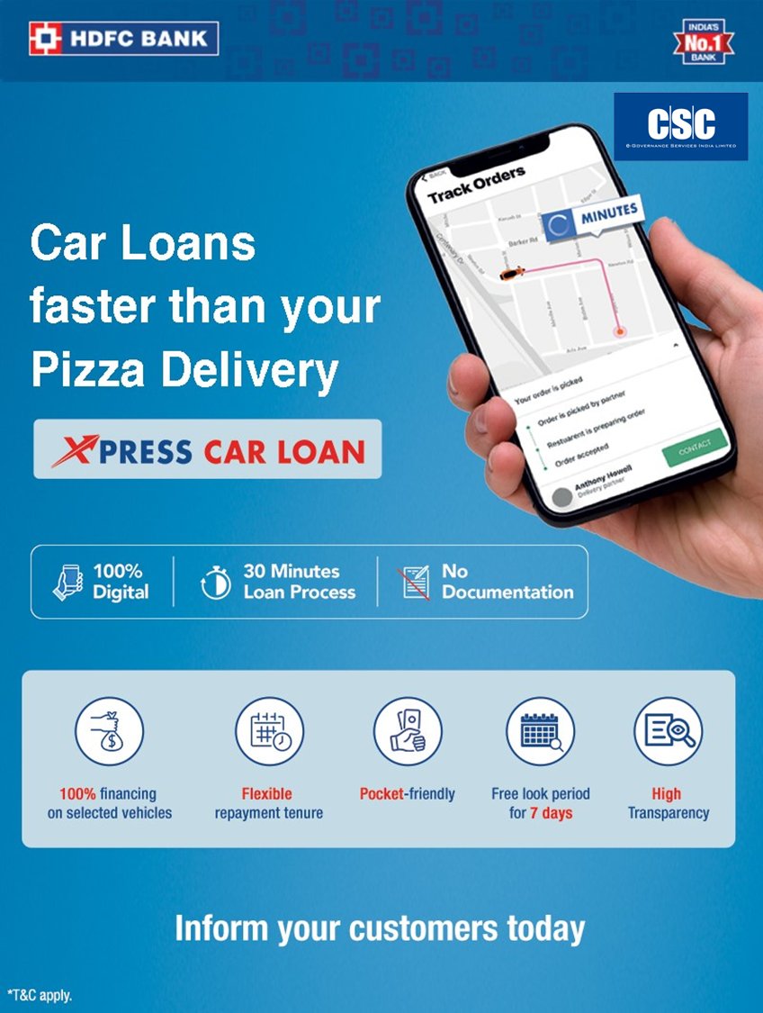 cscfinancial_'s tweet photo. Check out 100% financing offers with CSC HDFC Bank Car loan!
inform your customers today.
#cscfinancialservices
#commonservicecenters
#digitalindia
#hdfcbank
#autoloan https://t.co/aUHAbdtjmw