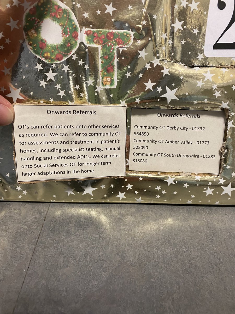 kerri_schOT's tweet photo. We are continuing with the #OTMAS advent calendar here in the surgery, oncology, critical care & womenβs health office π€©π door number 15 π₯³βοΈ onwards referrals, a very important part of our job is referring on to our community colleagues to ensure continuity of patient care π https://t.co/OeMy0dicE5