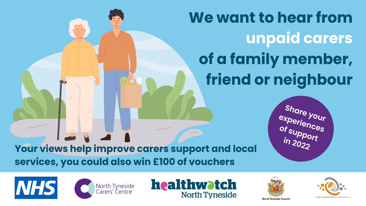 We want to hear from #carers in #NorthTyneside Tell us your experiences as a carer in 2022 to help improve support and local services in this confidential survey run by @HWNTyneside & @ntcarers and you could win £100 of vouchers: healthwatchnorthtyneside.co.uk/news/survey-un…