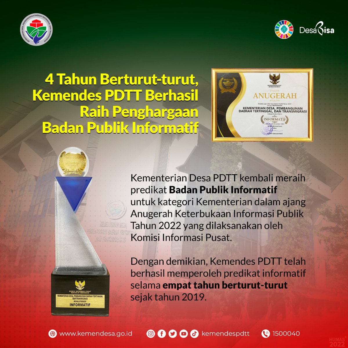 #SobatDesa, 4 tahun berturut-turut sejak 2019 Kemendes PDTT berhasil memperoleh penghargaan Badan Publik Informatif dari Komisi Informasi Pusat. 

Prestasi ini memberi kebanggan untuk Kemendes PDTT, semoga tahun depan tetap bisa mempertahankan dan meningkatkan prestasi yg diraih.