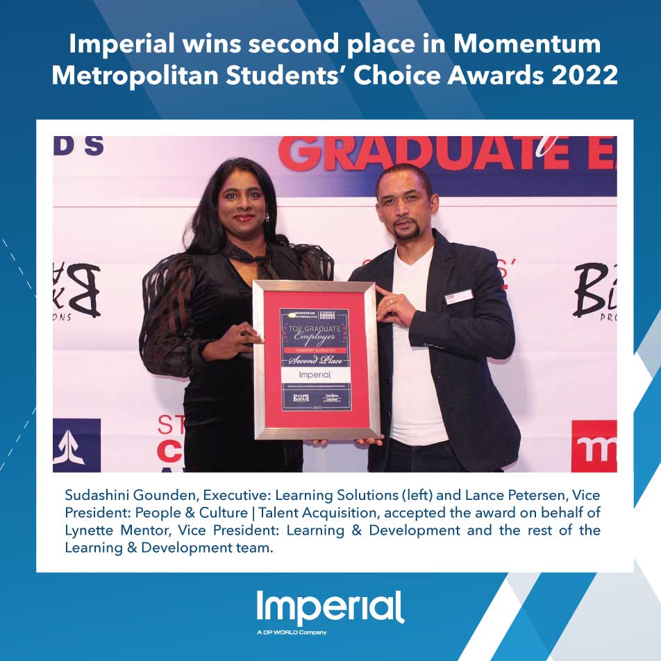 Imperial_Logist's tweet photo. Imperial is proud to have been awarded second place as a preferred employer in the Transport &amp; Logistics sector of the 2022 Momentum Metropolitan Students’ Choice Awards.

#Imperial
#BeyondPossibility https://t.co/m5cG26KFDZ