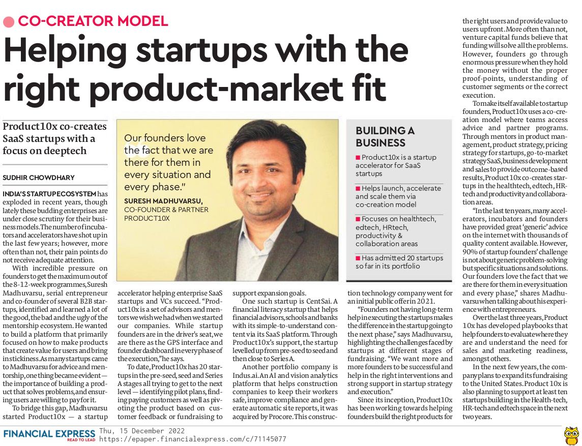 product10x's tweet photo. The unique 'Co-Creator' model of Product10x Accelerator is resonating with more and more founders. Thank you @sudhirchaudhary for the detailed coverage about @product10x in @FinancialXpress. 

#india #founders #startup #cocreation #product10x https://t.co/EyV7ZJhNHY