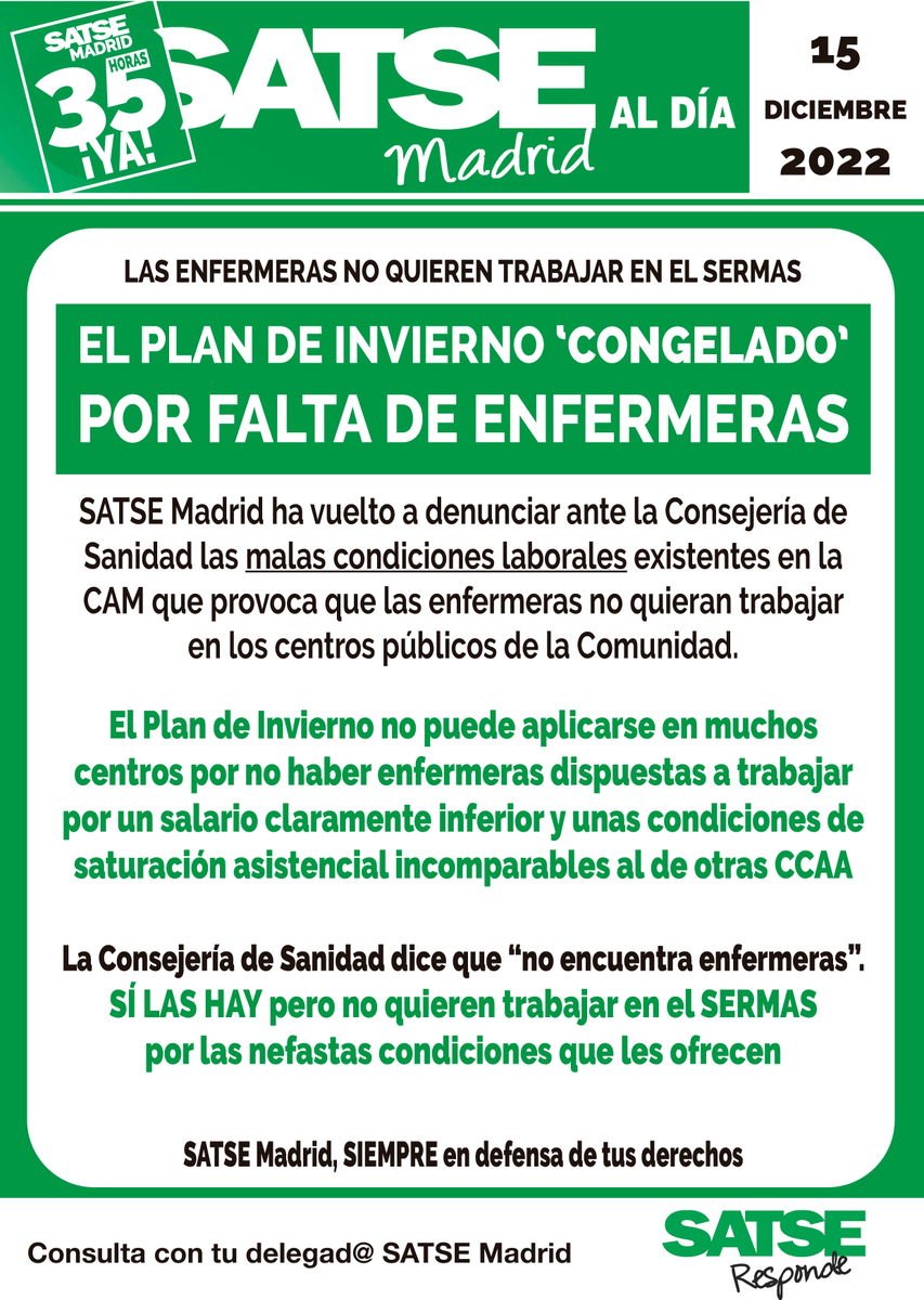 🚨🚨🚨
Las enfermeras huyen de las condiciones laborales nefastas del plan invierno de la CAM.
Hay 2579 menos de las que había en noviembre de 2021 (datos del Sermas)
Mejoren las condiciones para que vuelvan.
🛑 Ayuso, ¡STOP Maltrato!
madrid.satse.es/comunicacion/s…