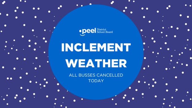 CentralPeel1's tweet photo. Hey griffins! Due to inclement weather buses are cancelled today but schools are open! Be safe getting to school today! https://t.co/YBC7zknquo