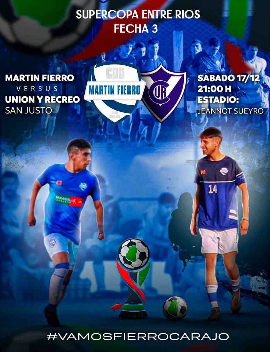 CDDMF's tweet photo. #SupercopaDeEntreRíos
#FECHA3 

Sábado 17/12 

Martín Fierro vs Unión y Recreo

🕘21:00hs

🏟️Estadio Jeannot Sueyro

#federacionentrerrianadefutbol #SomosLaCiudad  #ElDomingoCuesteLoQueCueste #TodosAlJeannot
#VAMOSFIERROCARAJO ⚪💙⚪⚽🦈💪 https://t.co/9CHZOKFVZa